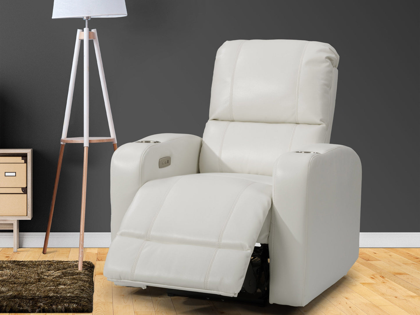 White power recliner with cup holder, leather upholstery, plush cushions, and modern design.