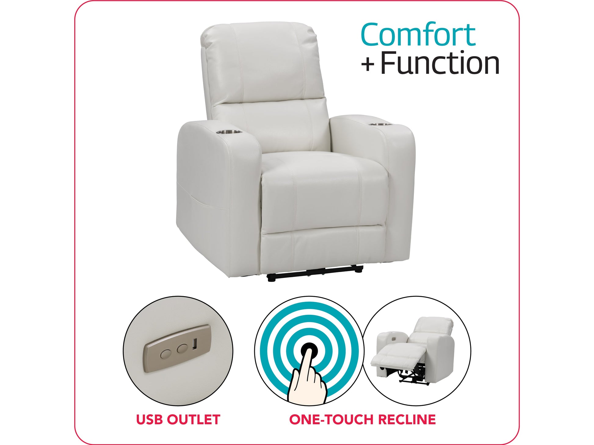 White power recliner with cup holder, plush upholstery, and modern design.