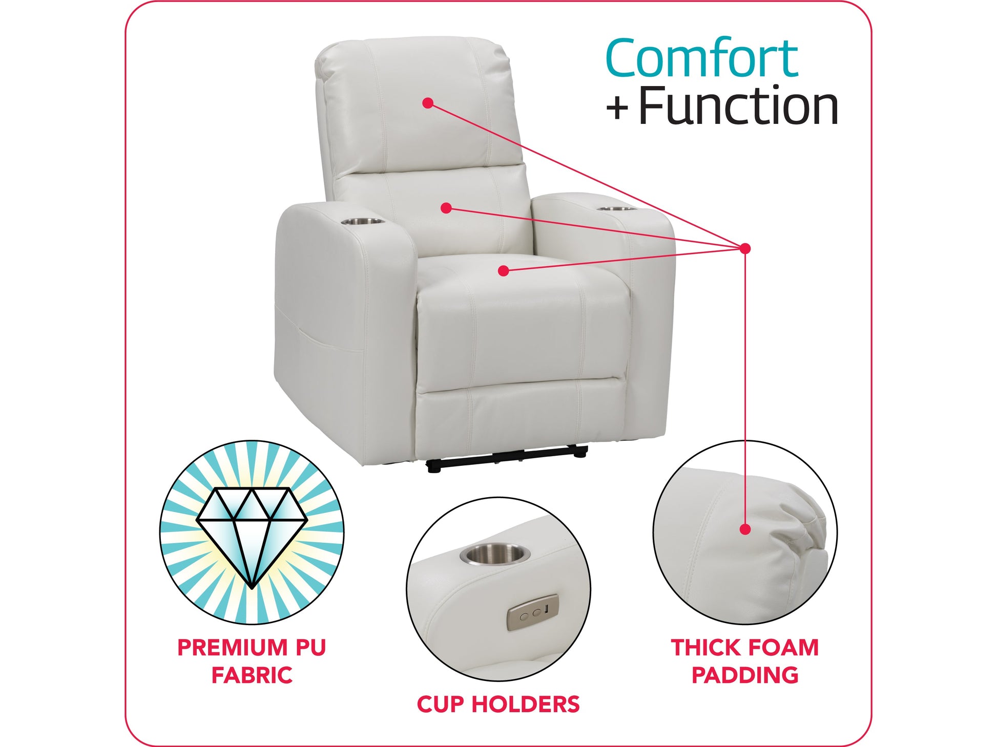 White power recliner with cup holder, plush cushioning, and sleek design for modern living rooms.