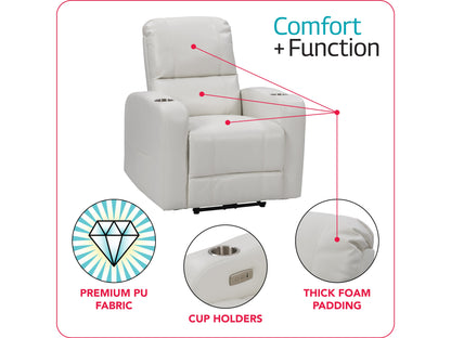 White power recliner with cup holder, plush cushioning, and sleek design for modern living rooms.