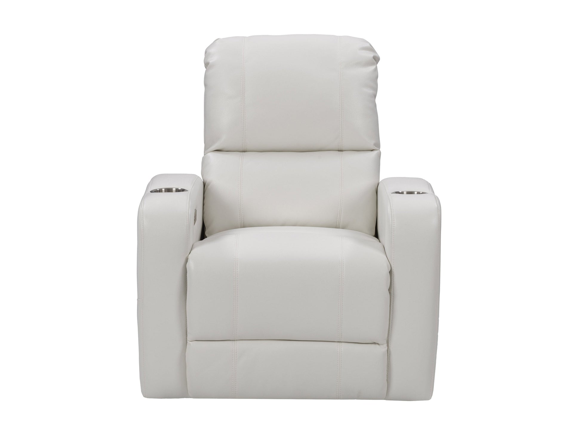 White power recliner with cup holder, leather upholstery, and ergonomic design for living room comfort.