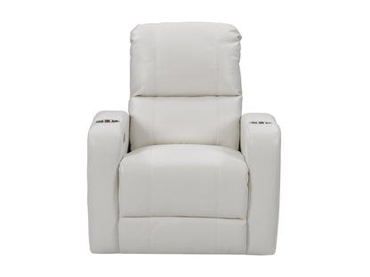 White power recliner with cup holder, leather upholstery, and ergonomic design for living room comfort.