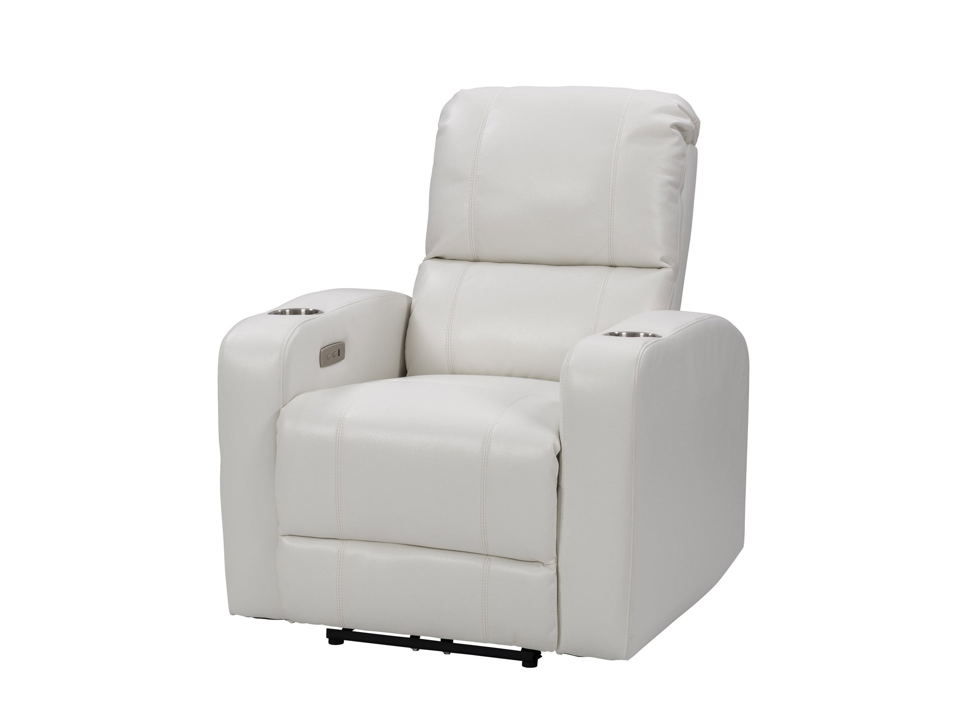 White power recliner with cup holder, leather upholstery, and modern design.