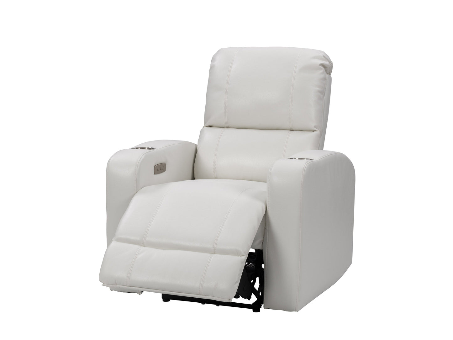 White power recliner with cup holder, plush cushions, and sleek modern design for ultimate comfort and convenience.