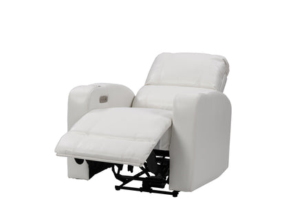 White power recliner with cup holder, leather upholstery, and sleek modern design.