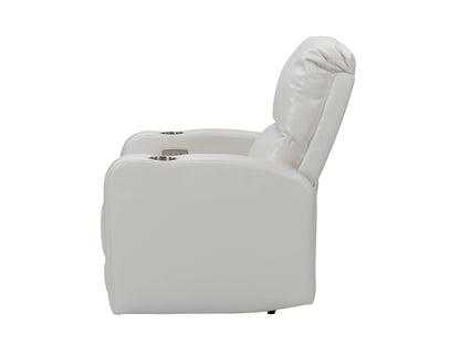 White power recliner with cup holder, leather upholstery, and modern design for living room comfort.