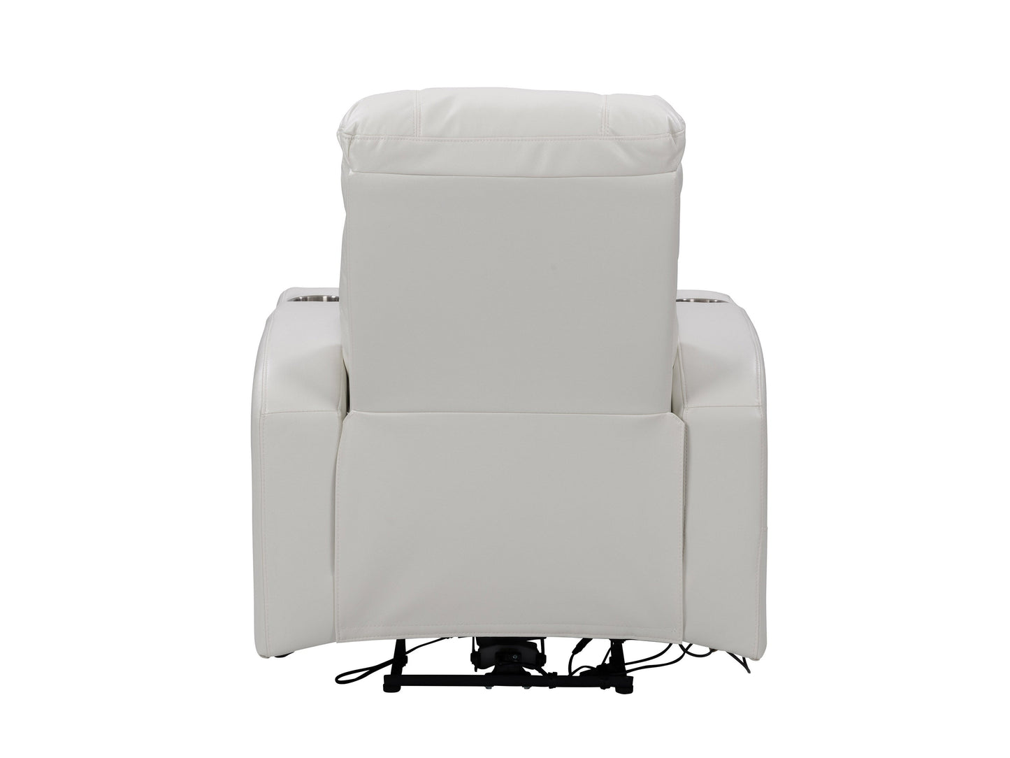 White power recliner with cup holder, plush upholstery, and ergonomic design for ultimate comfort.