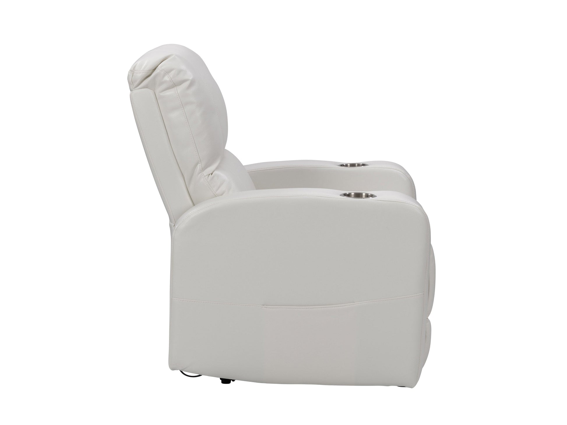 White power recliner with cup holder, plush cushions, and sleek modern design.