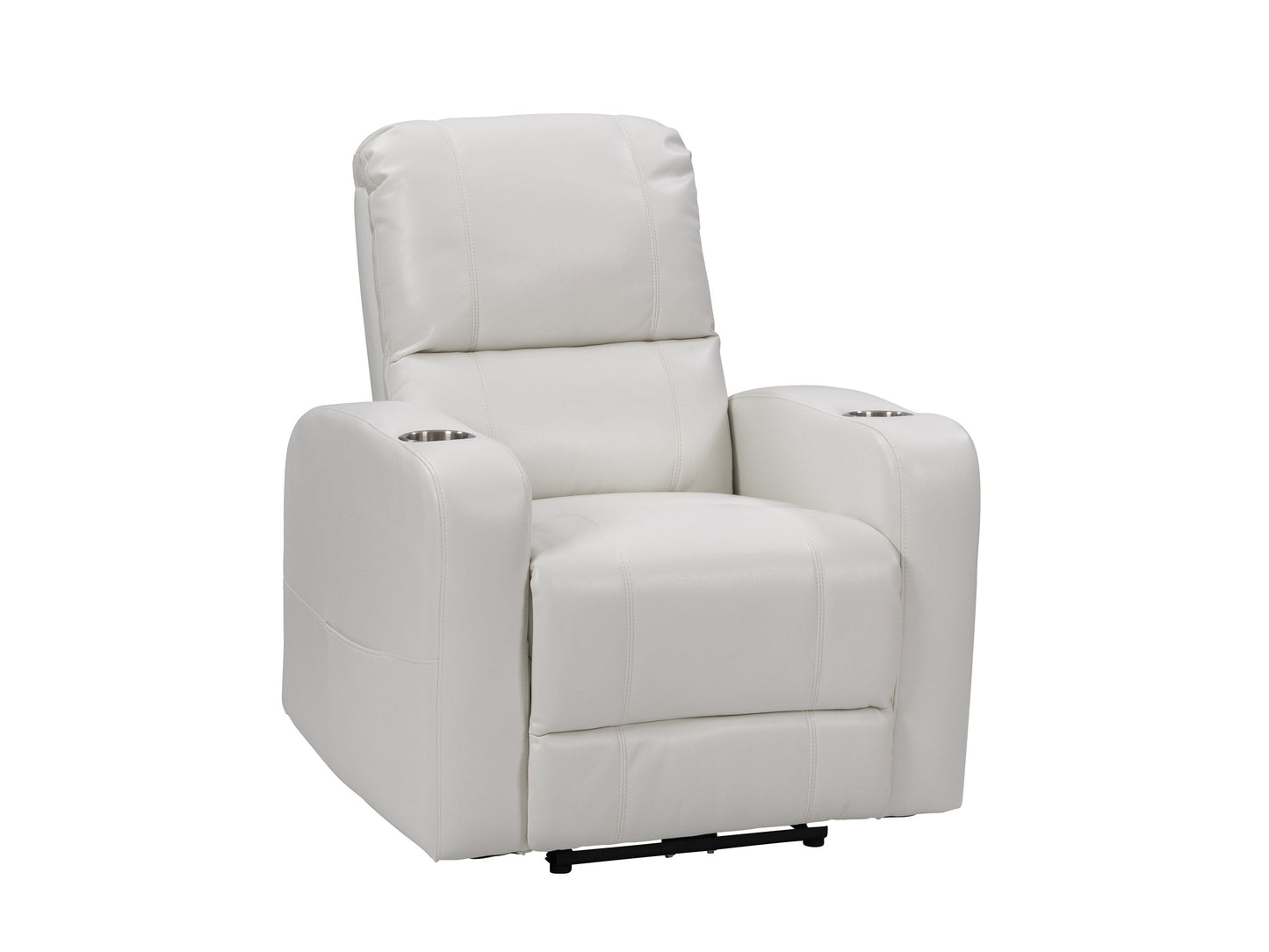 White power recliner with cup holder, modern design, leather upholstery, and sleek metal legs.