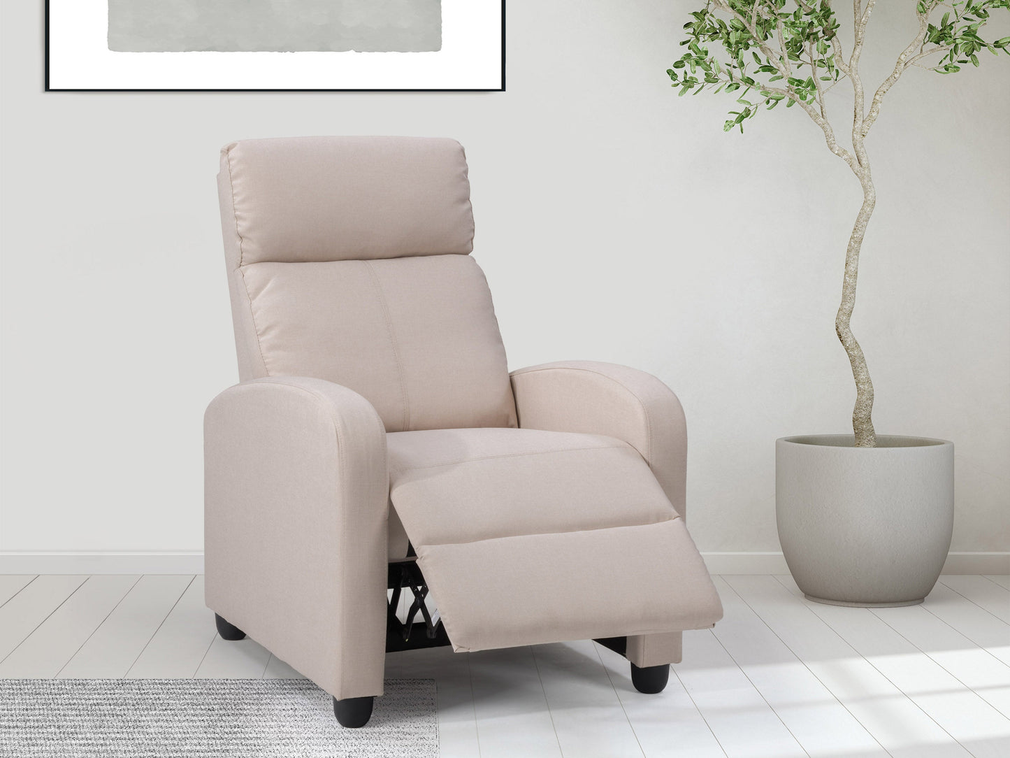 Beige fabric push back recliner with wooden legs, tufted backrest, and modern design.