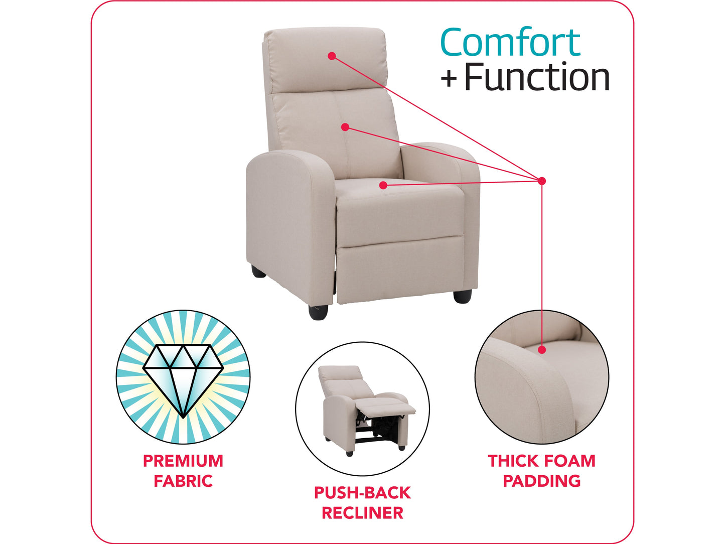 Beige push back recliner with fabric upholstery, wooden legs, and tufted backrest.