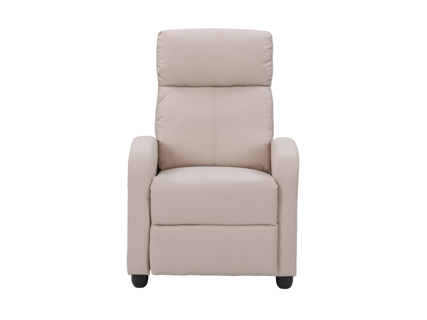 Beige push back recliner with tufted backrest, wooden legs, and soft fabric upholstery for living room comfort.