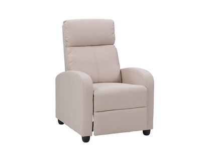 Beige push back recliner with wooden legs, tufted backrest, and soft fabric upholstery for a modern living room.