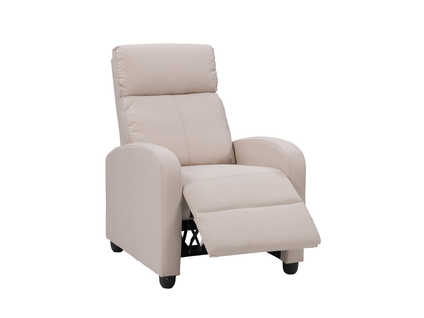 Beige push back recliner with plush fabric, wooden legs, and ergonomic design.