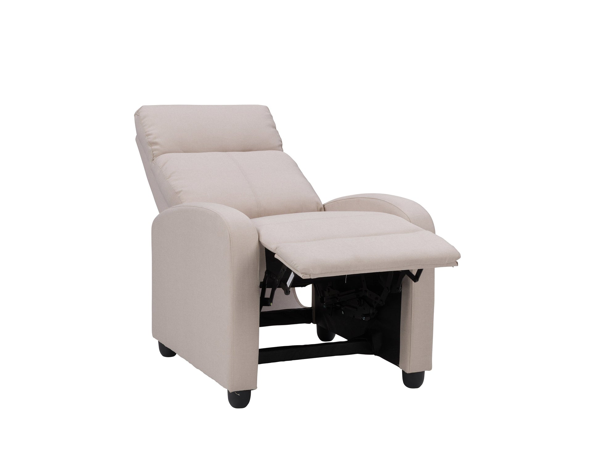 Beige push back recliner with tufted backrest, wooden legs, and plush fabric upholstery.