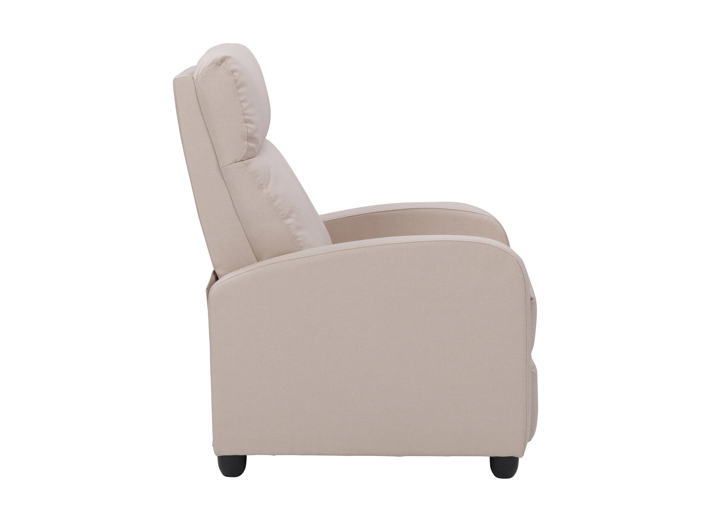 Beige push back recliner with soft fabric upholstery and wooden legs, featuring a comfortable and stylish design.