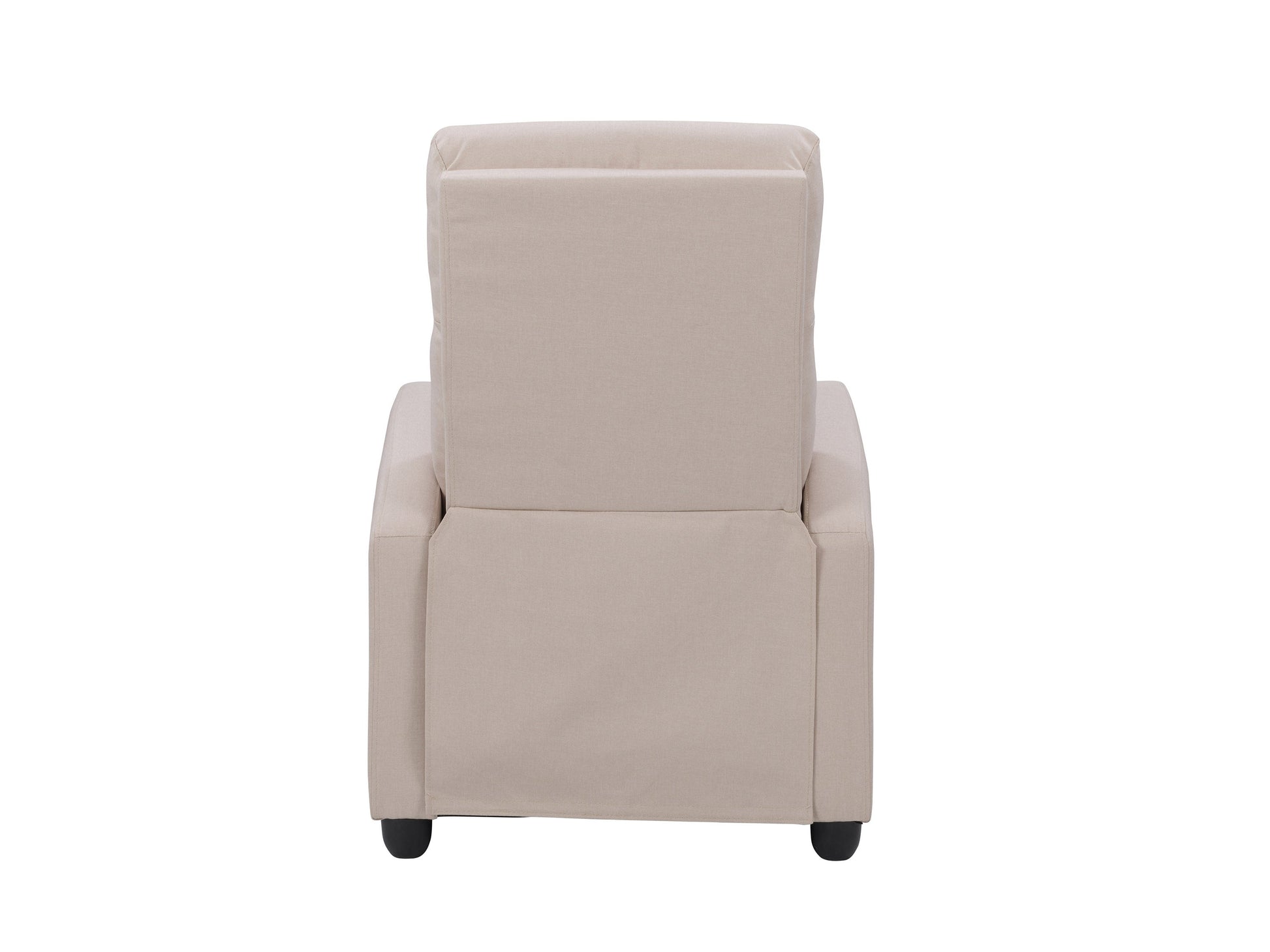 Beige push back recliner with tufted backrest, wooden legs, and soft fabric upholstery for living room comfort.