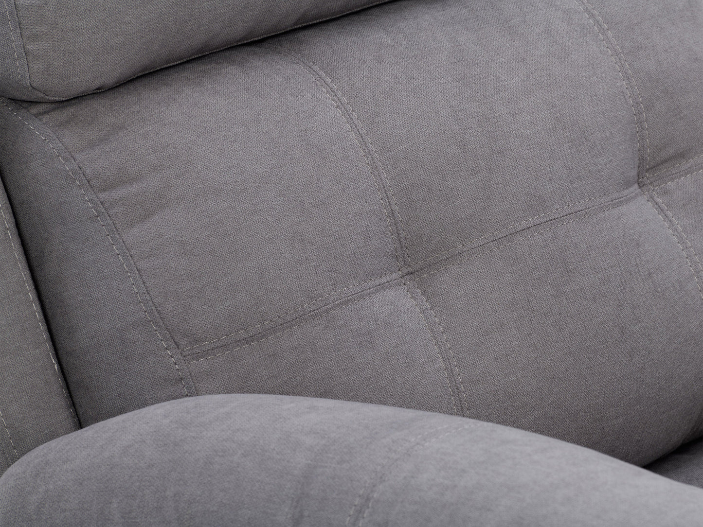 Grey 2 seater recliner loveseat with plush fabric, padded armrests, and modern design.