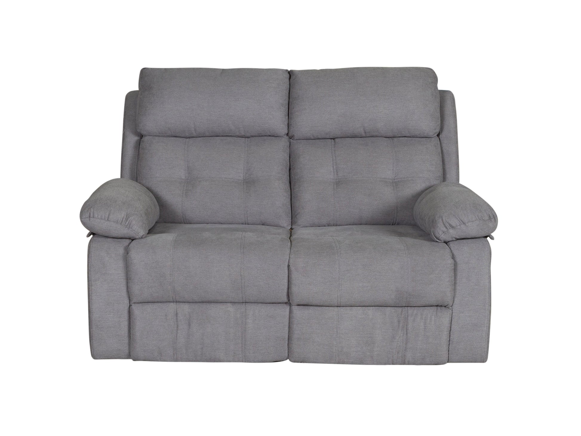 Grey 2 seater recliner loveseat with plush fabric, modern design, and wooden legs.