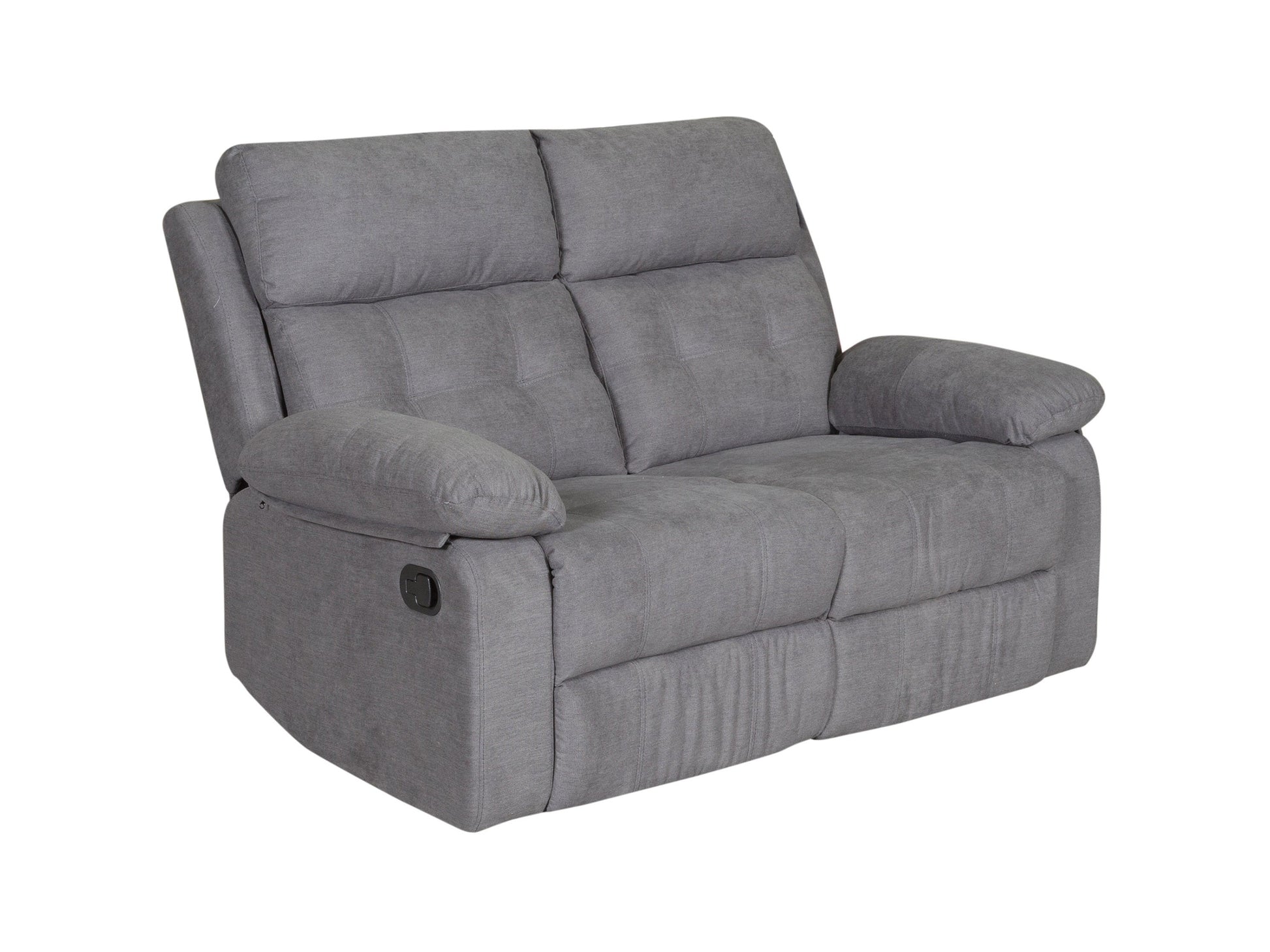 Grey 2 seater recliner loveseat with plush fabric upholstery and wooden legs, perfect for modern living rooms.