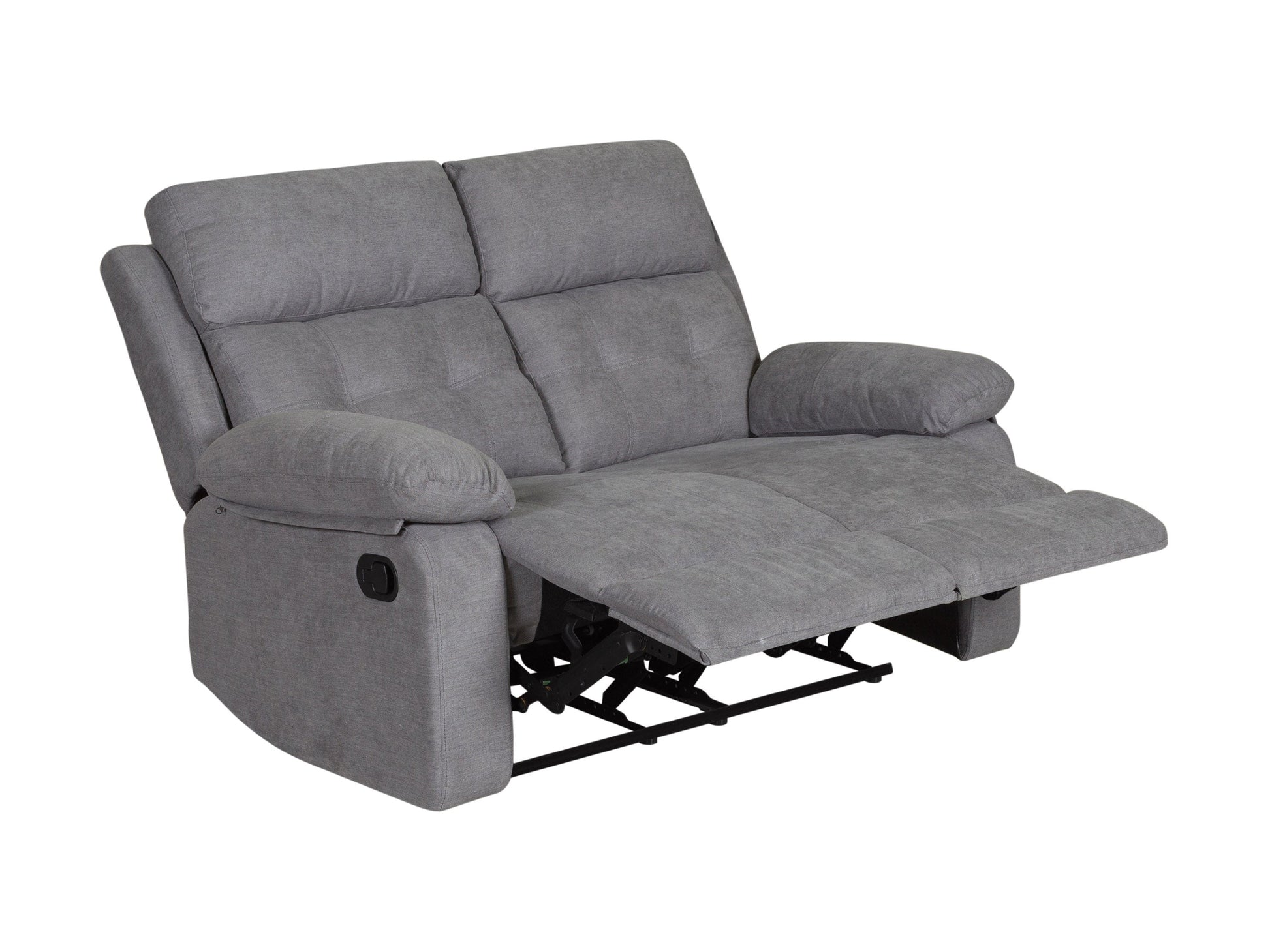 Grey 2 seater recliner loveseat with plush cushions, sleek design, and durable fabric upholstery.