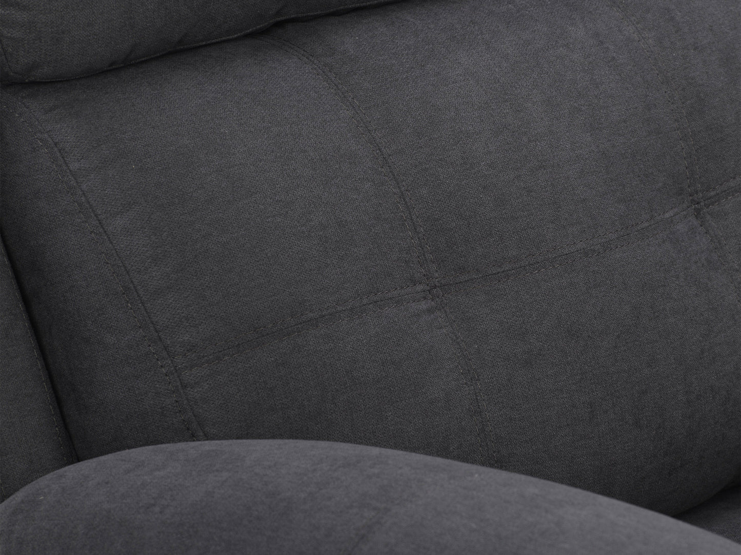 Dark grey 2 seater recliner sofa with plush fabric, padded armrests, and sleek design.