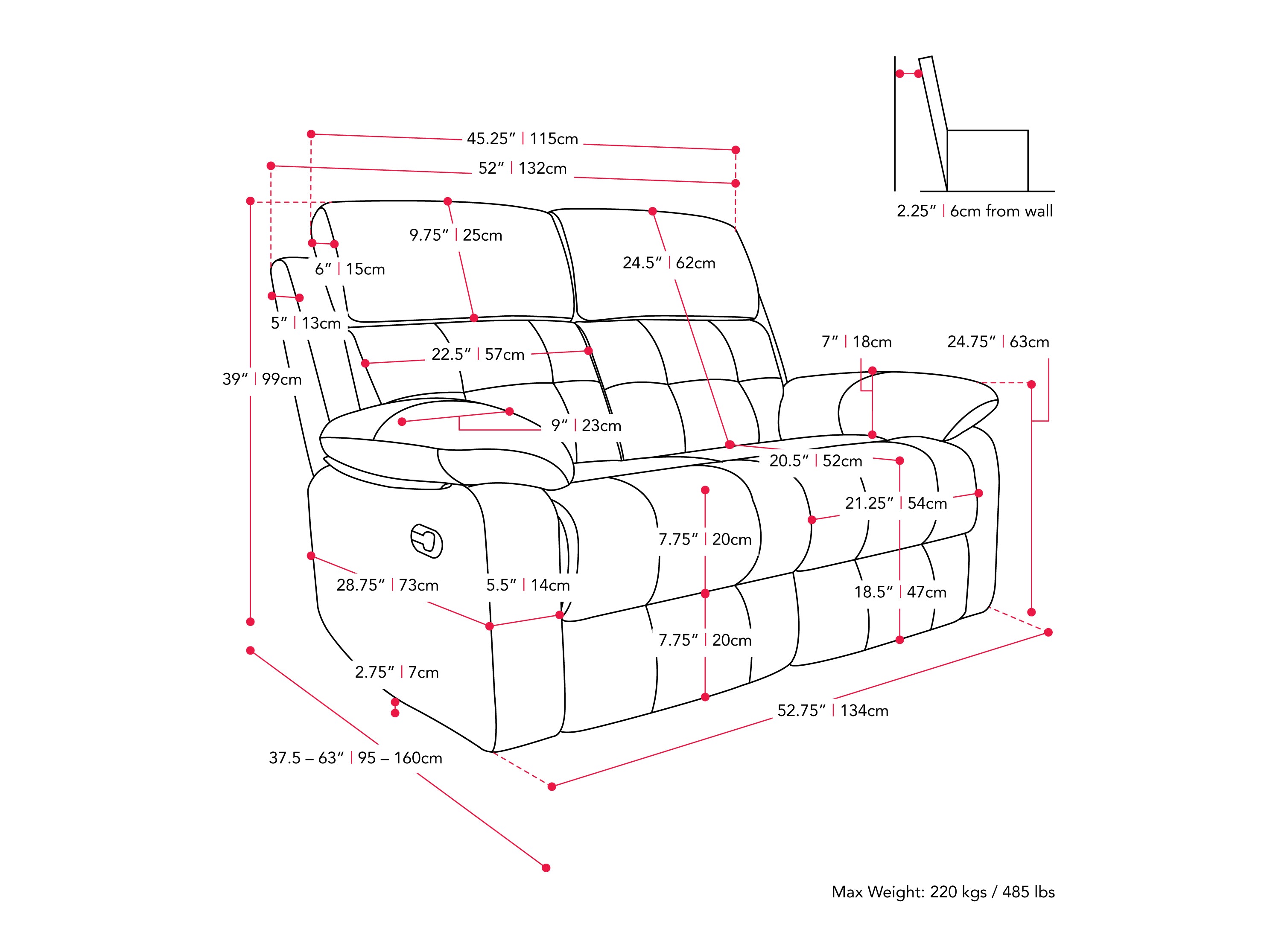 Dark grey 2 seater recliner sofa with plush fabric, modern design, and comfortable cushioning.