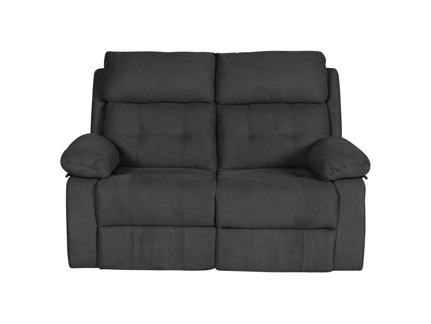 Dark grey 2 seater recliner loveseat with plush fabric, tufted cushions, and sturdy wooden legs.