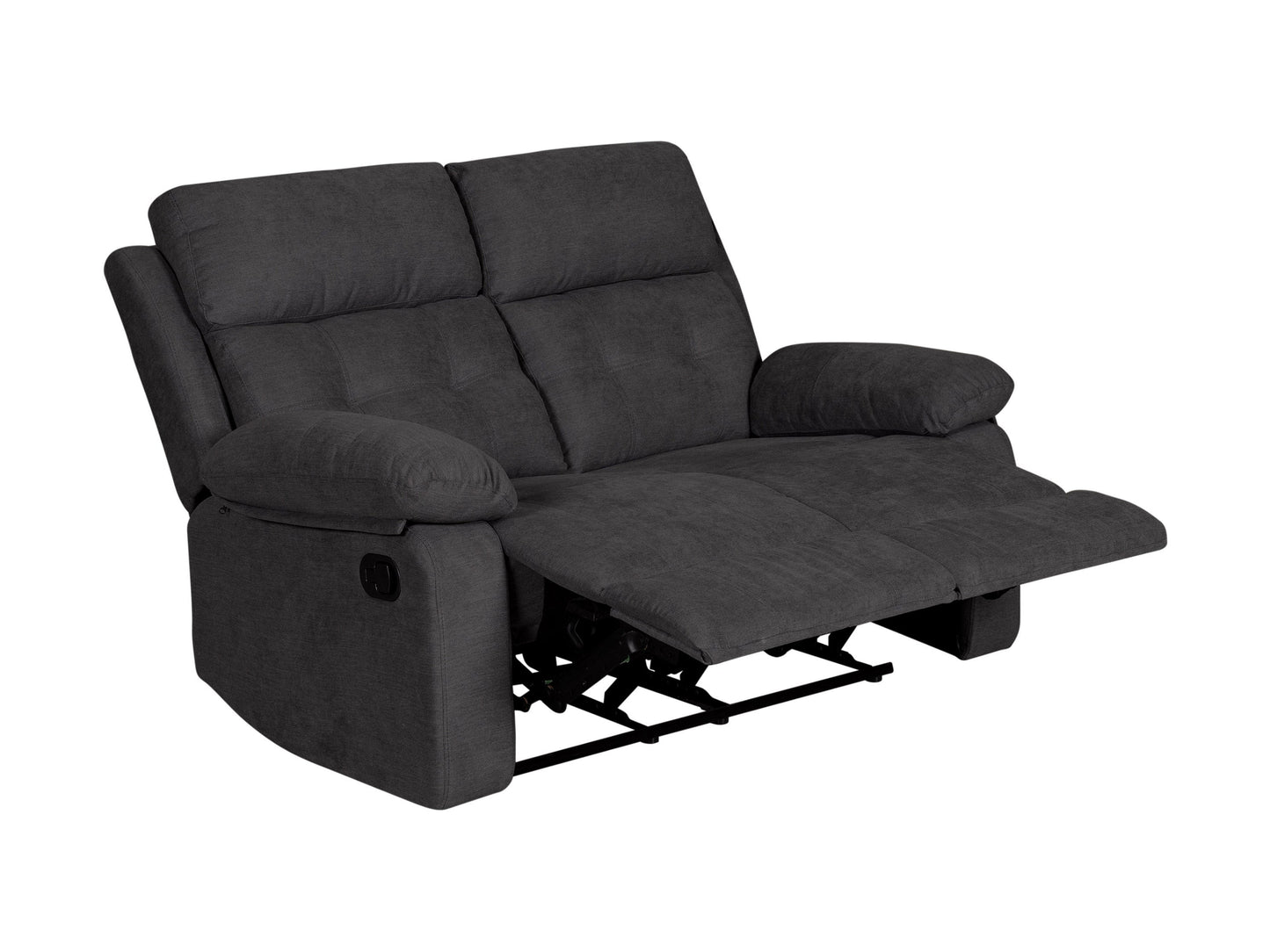 Dark grey 2 seater recliner sofa with plush fabric, ergonomic design, and wooden legs.