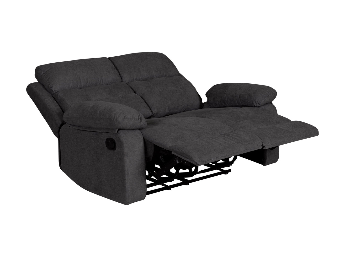 Dark grey 2 seater recliner loveseat with plush cushions, modern design, and sturdy metal legs.