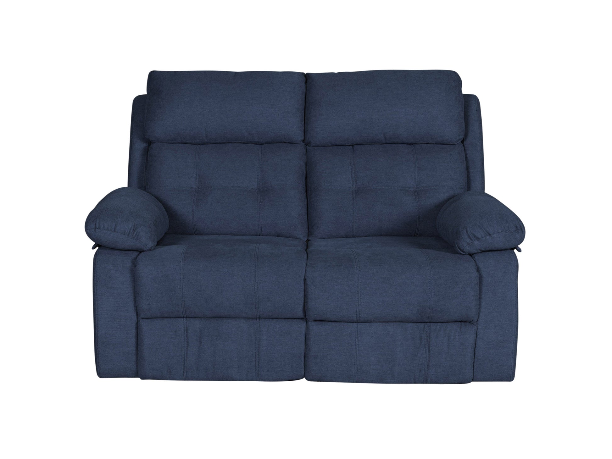 Blue 2 seater recliner sofa with plush cushions, ergonomic design, and sturdy wooden frame.