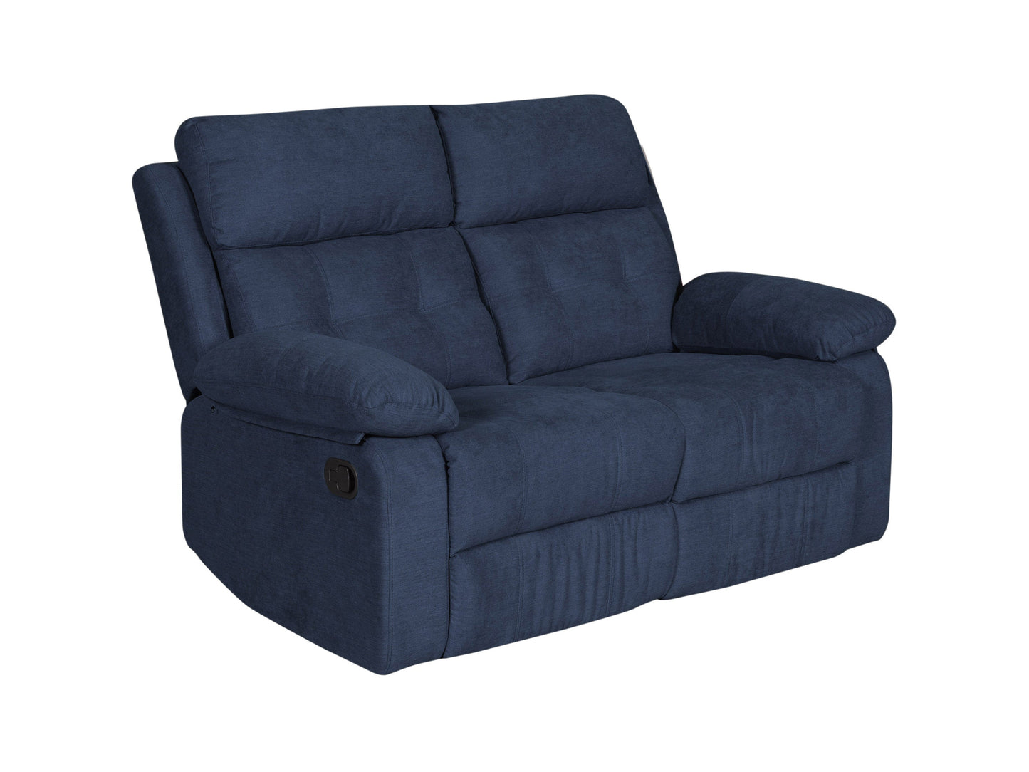 Blue 2 seater recliner loveseat with plush fabric upholstery, padded armrests, and a modern design.