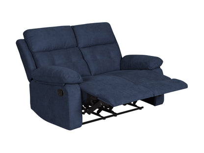 Blue 2-seater recliner loveseat with plush cushions, modern design, and durable fabric upholstery.