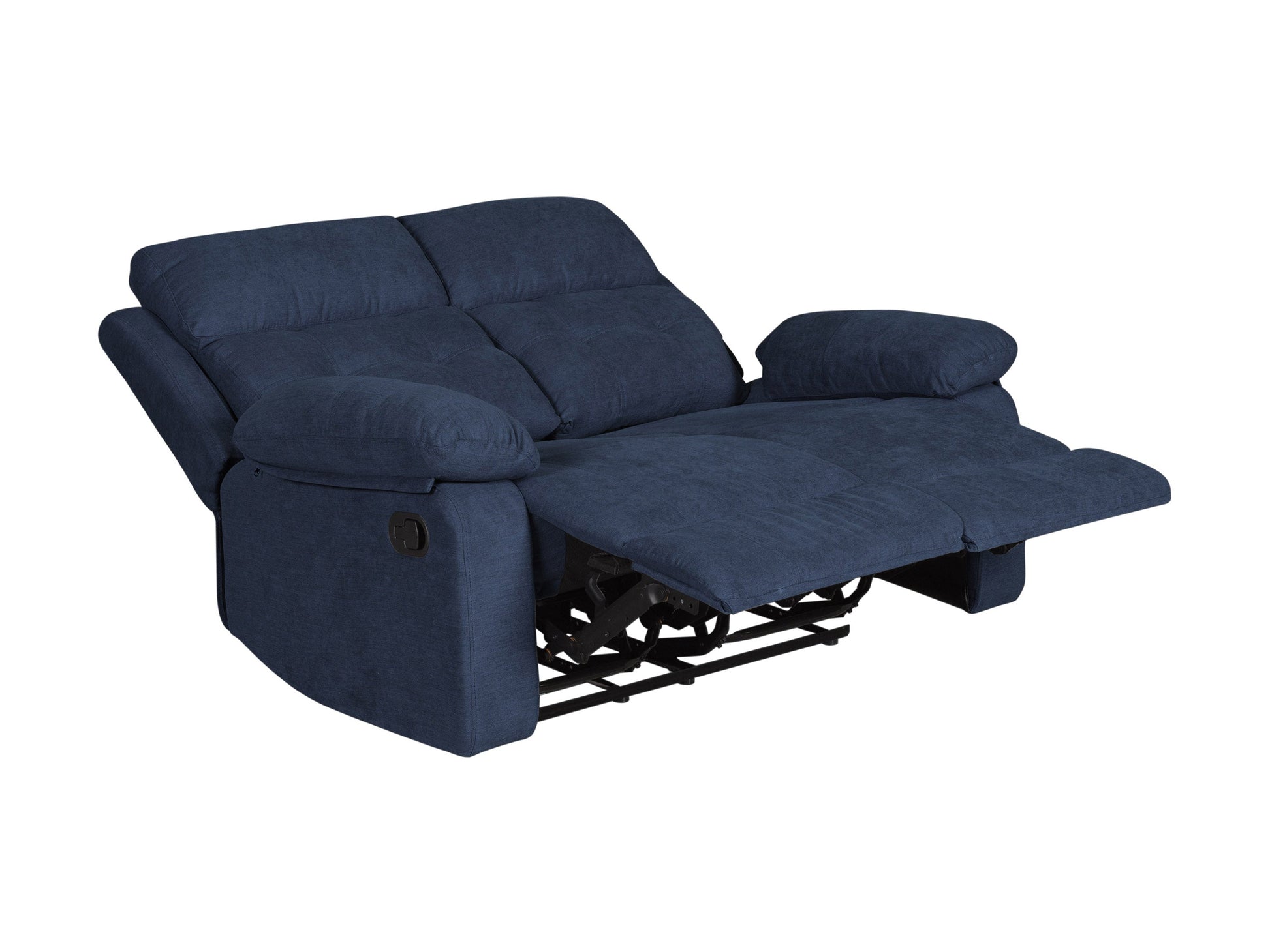 Blue 2 seater recliner loveseat with plush cushions, fabric upholstery, and modern design.