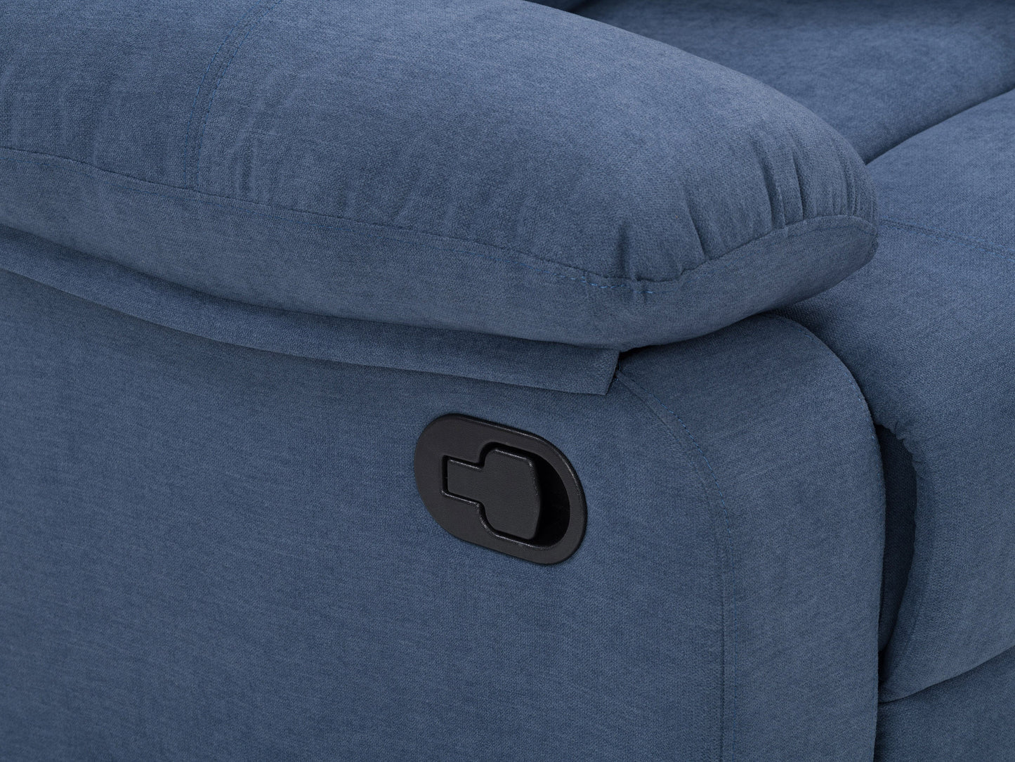 Extra wide blue recliner with plush cushions and durable fabric upholstery, perfect for modern living rooms.