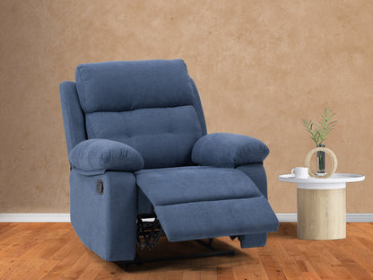 Blue extra wide recliner with plush cushions, ergonomic design, and durable fabric upholstery.