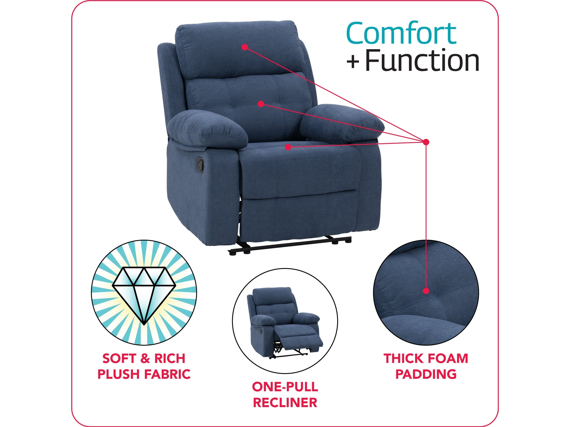 Extra wide blue fabric recliner with padded armrests, adjustable backrest, and wooden legs.