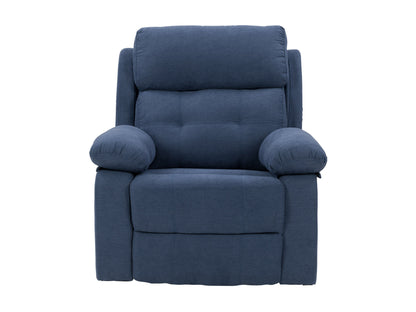 Blue extra wide recliner with plush cushioning, soft fabric, and wooden legs for living room comfort.