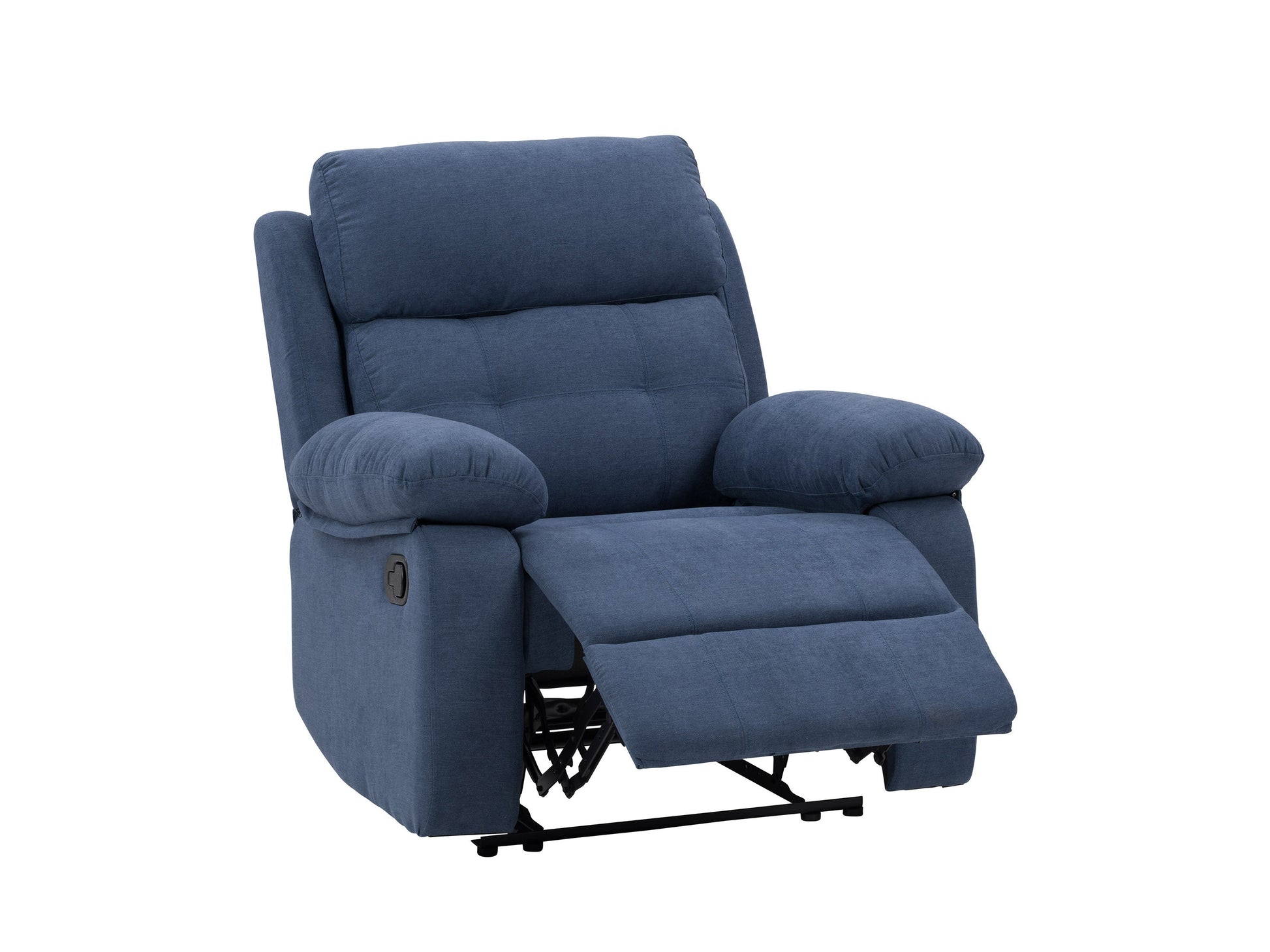 Blue extra wide recliner with plush cushions, modern design, and durable fabric upholstery.