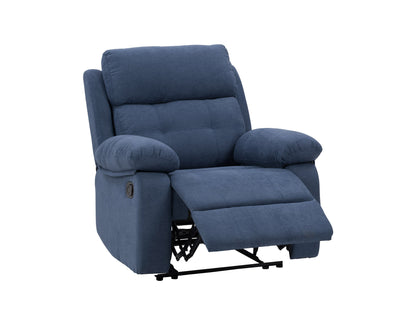 Blue extra wide recliner with plush cushions, modern design, and durable fabric upholstery.