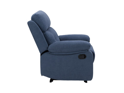 Extra wide blue recliner with plush cushions, ergonomic design, and sturdy metal base.