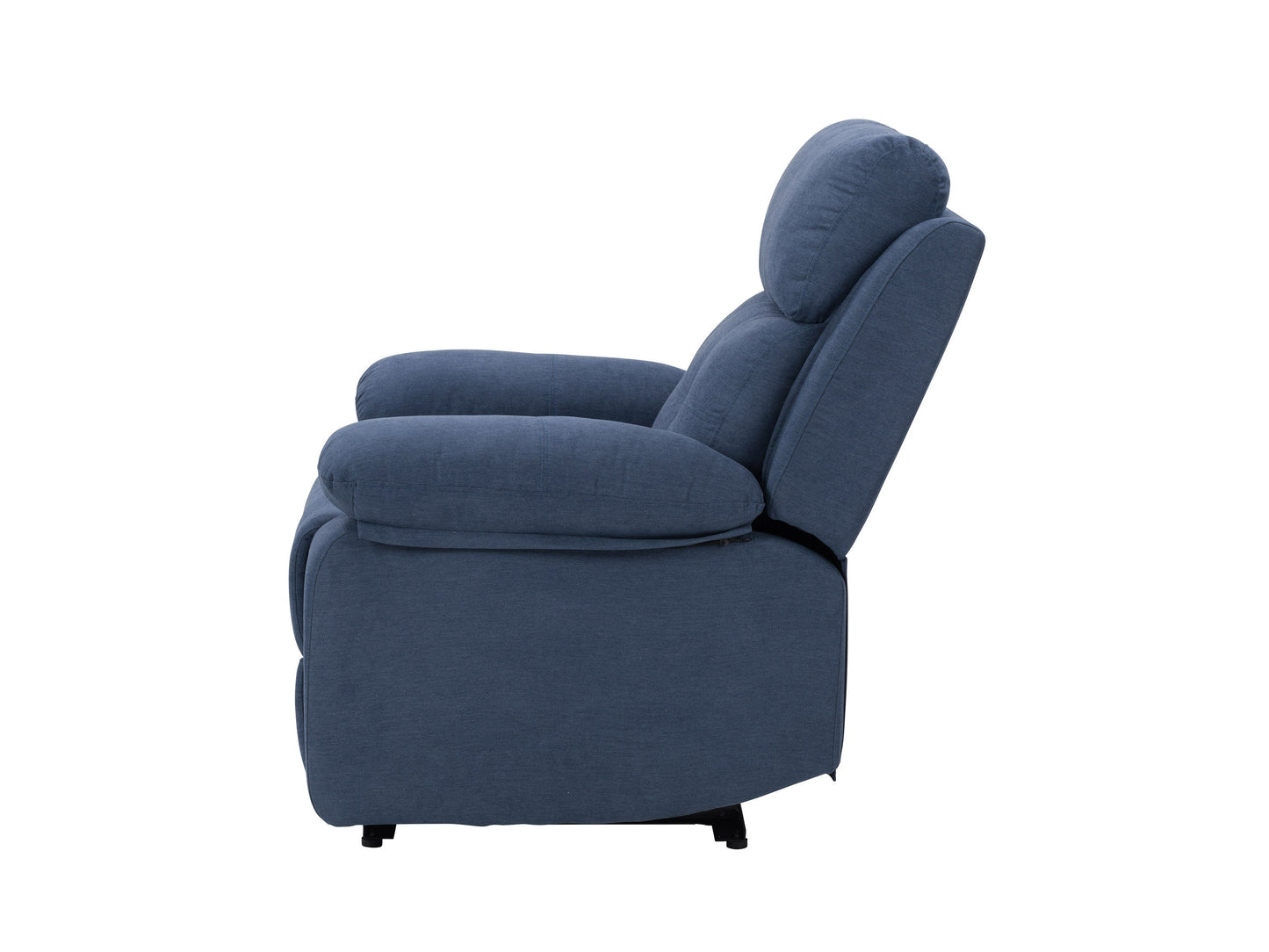 Blue extra wide recliner with plush cushions, sleek design, and wooden legs for living room comfort.