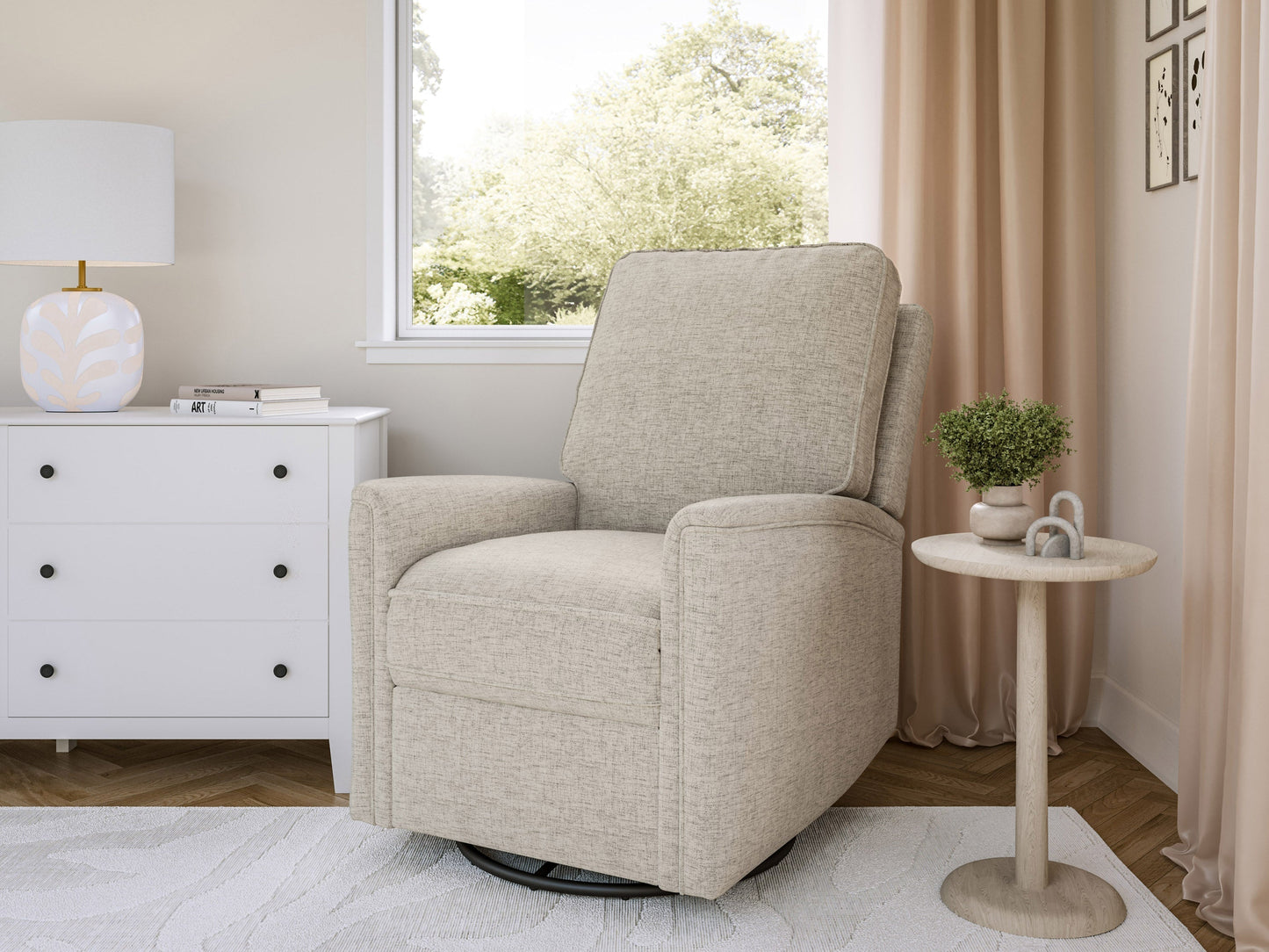 Beige swivel glider recliner chair with plush cushions and sleek design for living room comfort.