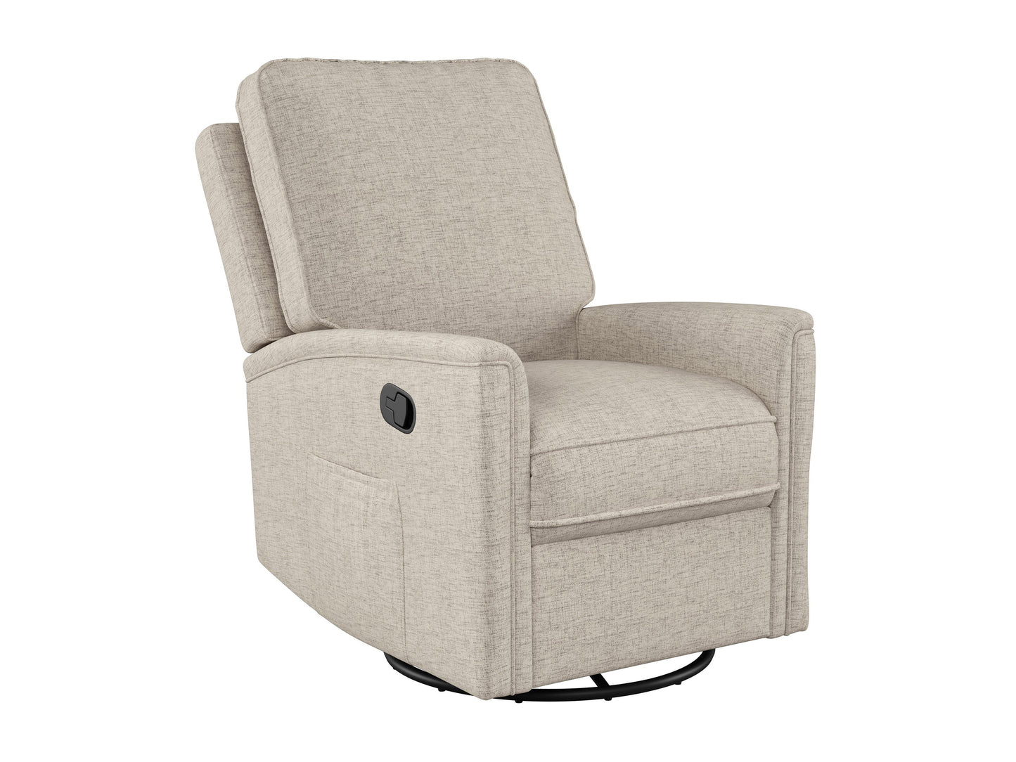 Beige swivel glider recliner chair with plush cushions and smooth fabric finish.