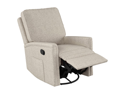 Beige swivel glider recliner chair with plush cushions, ergonomic design, and smooth reclining mechanism.