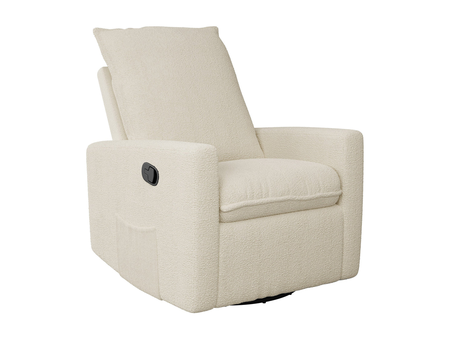 Cream boucle glider recliner chair with plush cushions and sleek wooden base.