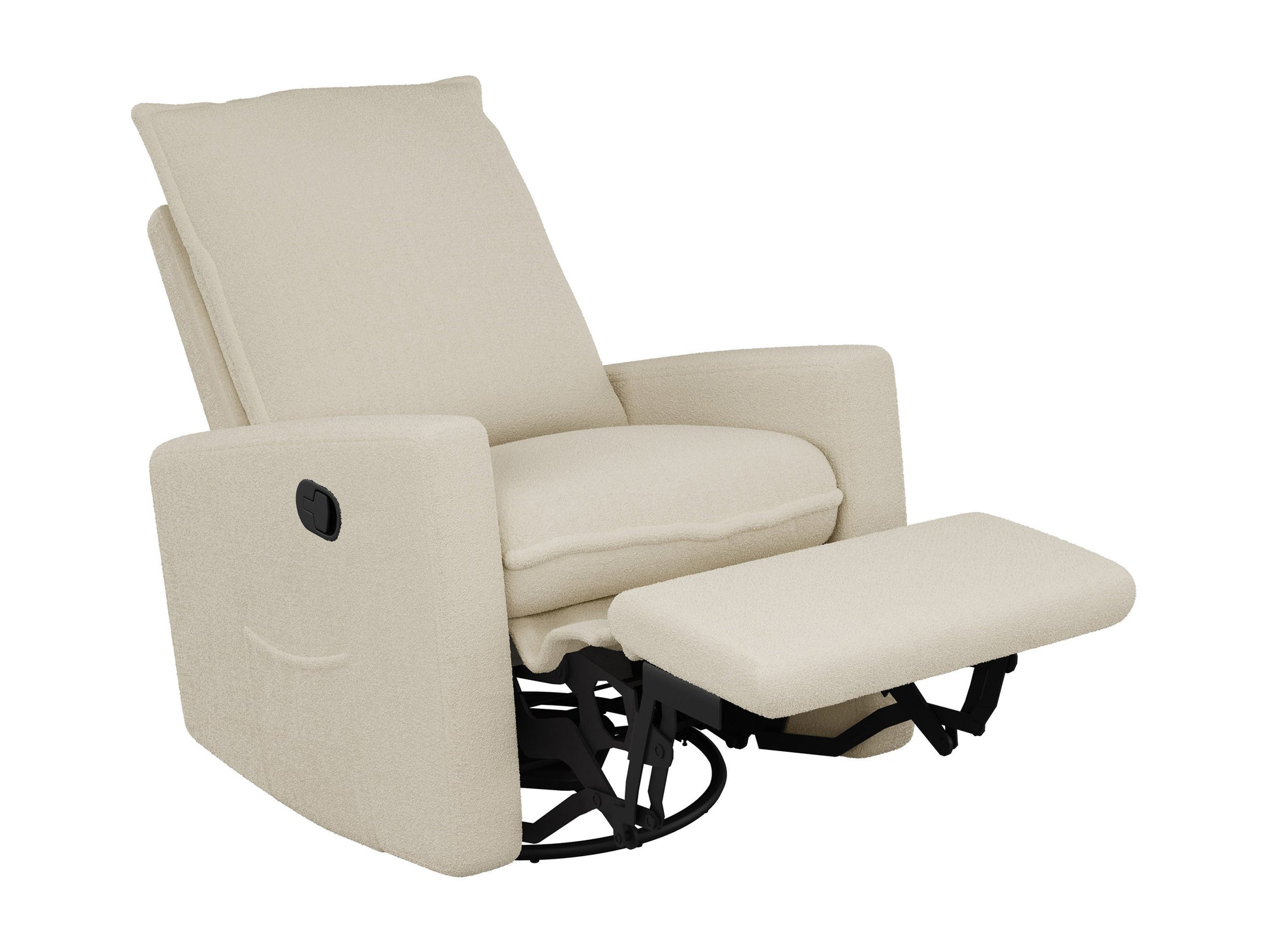 Cream boucle glider recliner chair with plush cushions, ergonomic design, and sleek modern look.