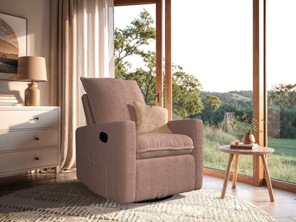 Pink boucle glider recliner chair with plush upholstery, ergonomic design, and smooth reclining mechanism.