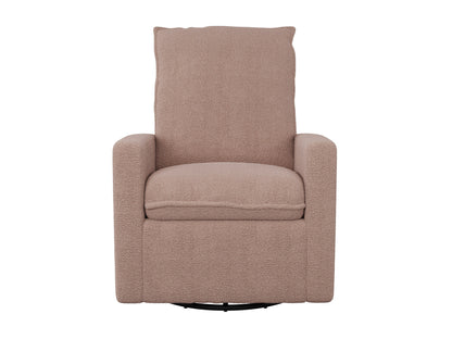 Pink boucle glider recliner chair with plush upholstery and ergonomic design for ultimate comfort.