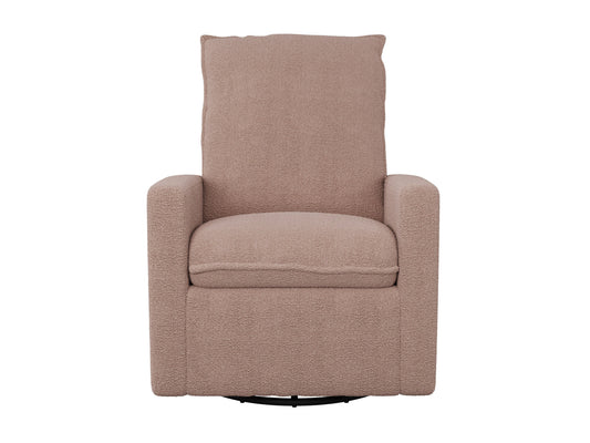 Pink boucle glider recliner chair with plush upholstery and ergonomic design for ultimate comfort.